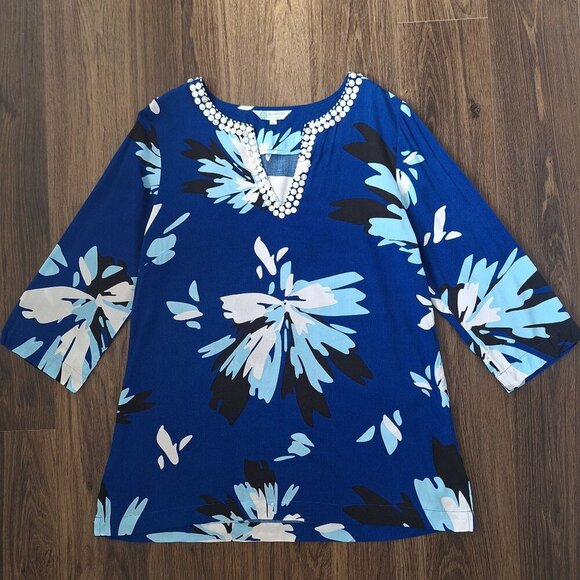 💙 Escapada Living Soft Floral Tunic Blouse Mother of Pearl Detail Size L 100% R - Picture 1 of 10